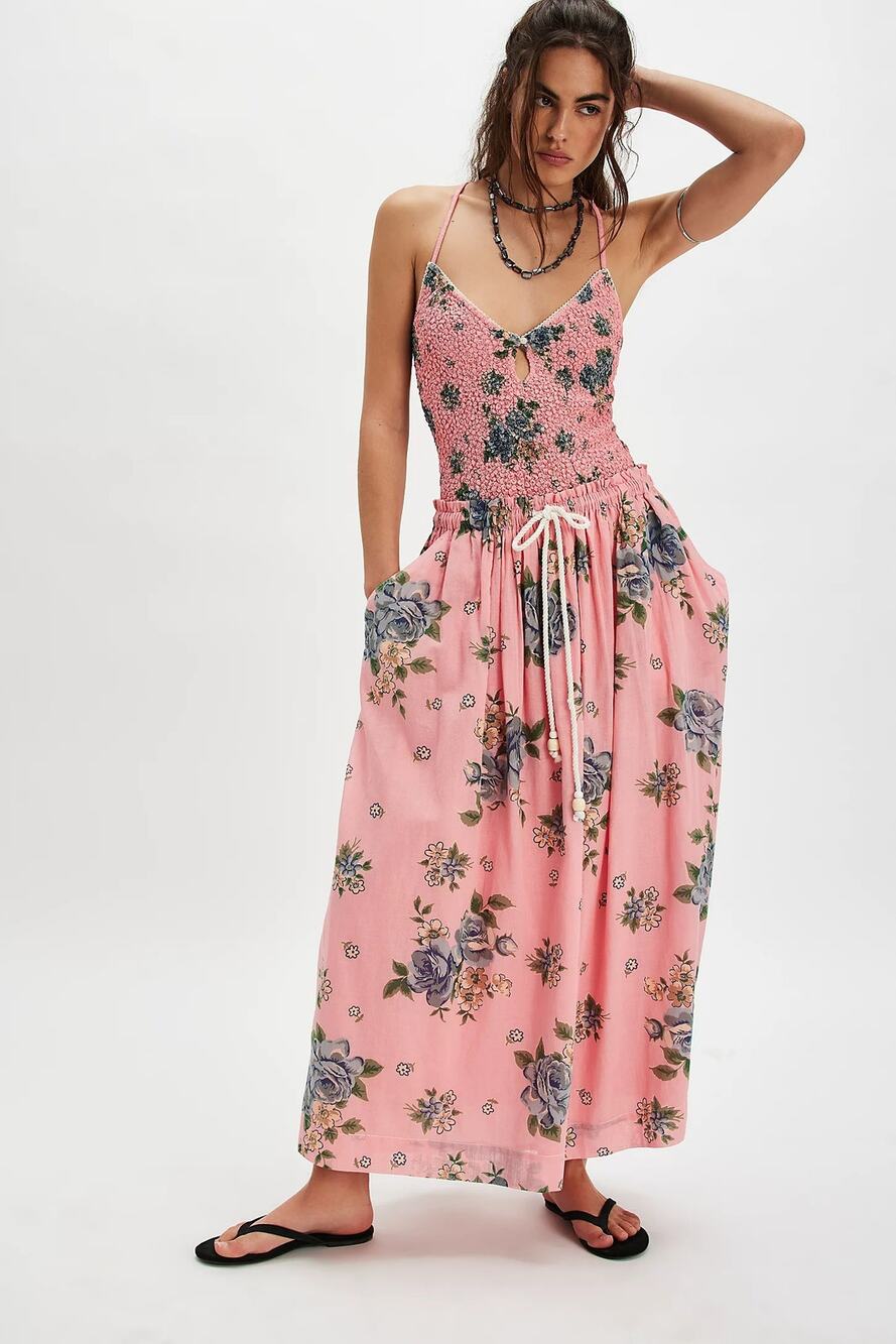 New Free People Seaside Rose Bodysuit & Skirt Set $228 Medium Pink Floral Boho